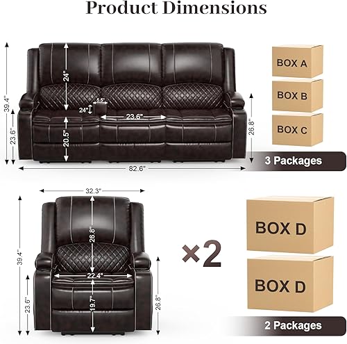 Miniatura 2 de Juego de sofá reclinable de 3 plazas con cojín de 2 niveles, 3+1+1 piezas en sala de estar, sofá reclinable de 3 plazas de cuero con consola