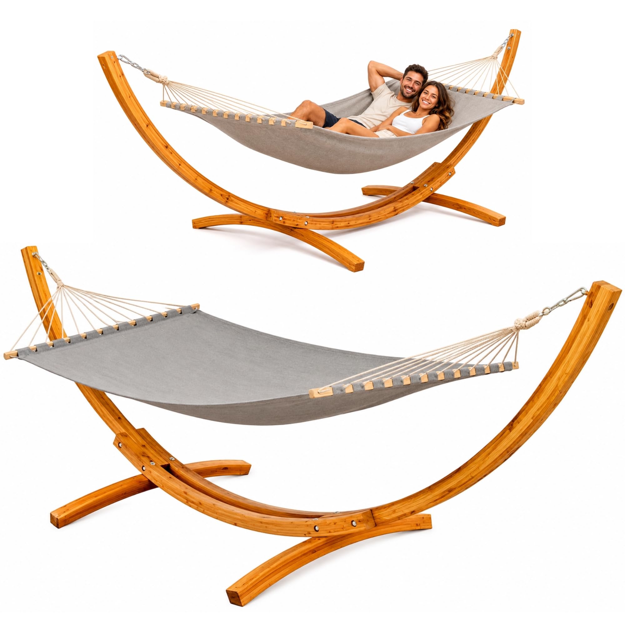 AMANKA XXL Hängematte mit Gestell 325 cm – stabiles Outdoor Hängemattengestell aus Holz mit Grauer Stabhängematte für Zwei Personen – entspanntes Hängemattenset für Garten Balkon oder Terrasse