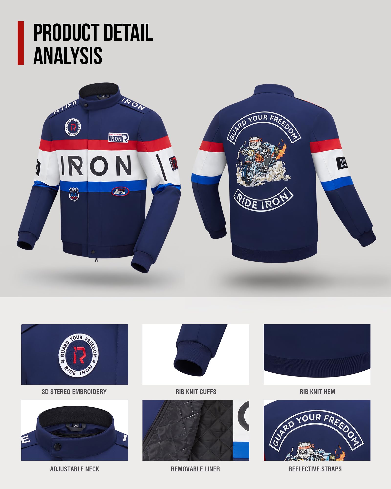 RIDEIRON Blouson Moto Homme avec Protections CE – Veste Moto Homologué 4 Saisons avec Doublure Amovible, Respirant et Résistant, Design avec Broderies et Grande Impression M-XXL