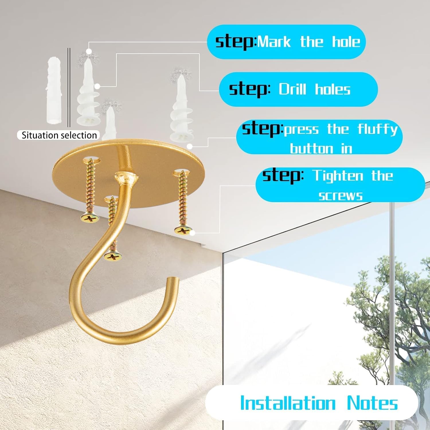 Ceiling Hooks for Hanging Plants - Metal Heavy Duty Wall Mounted Hangers for Hanging Bird Feeders, Planters, Wind Chimes, Include Professional Drywall Anchors (3-Pack) (Gold)