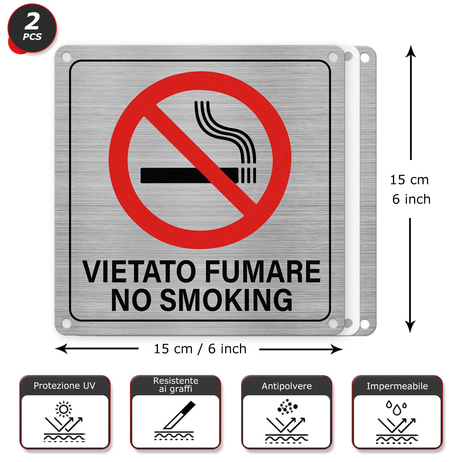 2 Cartello Targa Vietato Fumare Divieto Sicurezza Segnaletica, Segnale Alluminio Autoadesivo 15X 15 CM
