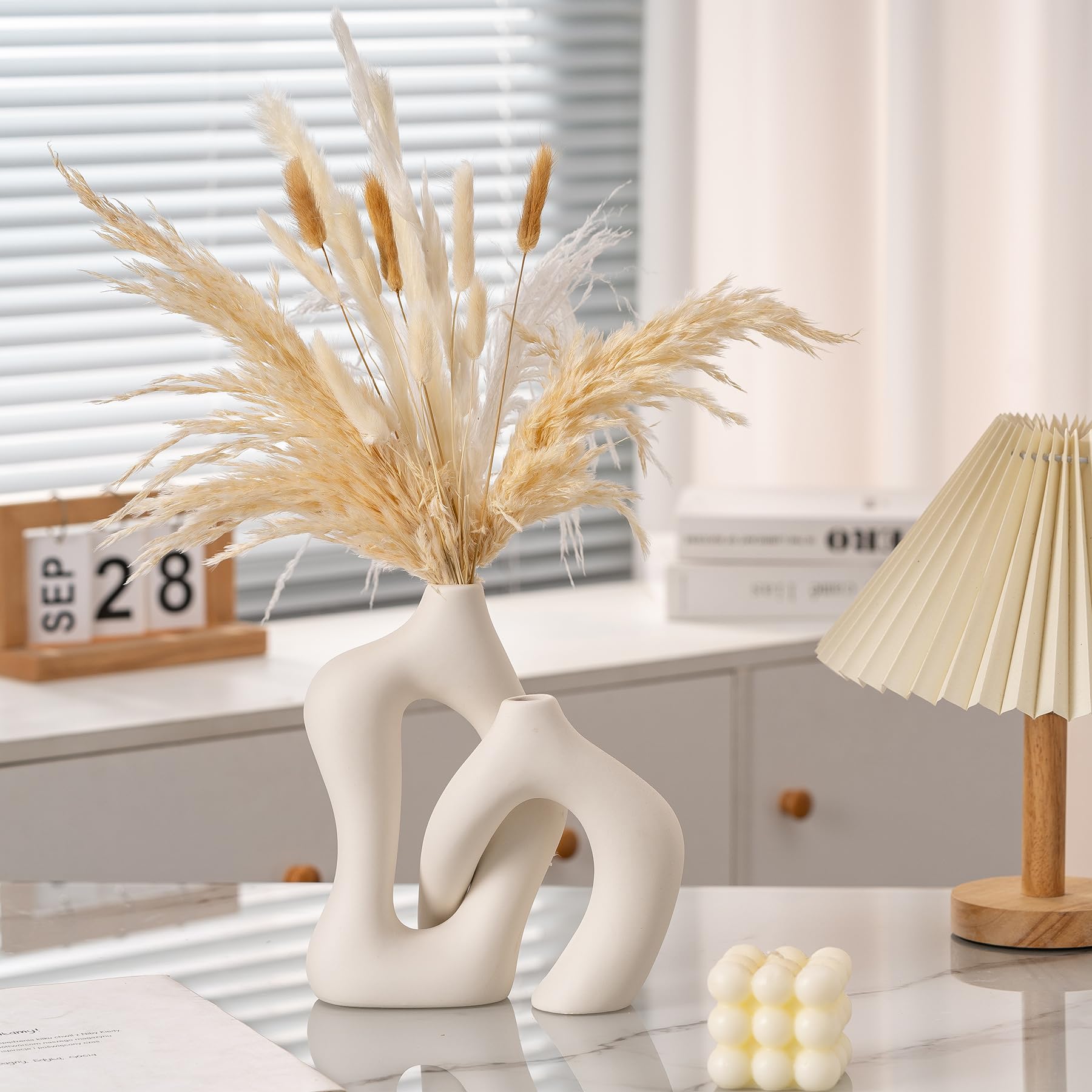 Noevany Ceramic Vase Set of 2, White Decorative Aesthetic Flower Vase for Home Décor Modern Minimalist Table, Fireplace, Shelf, Mantel, Entryway