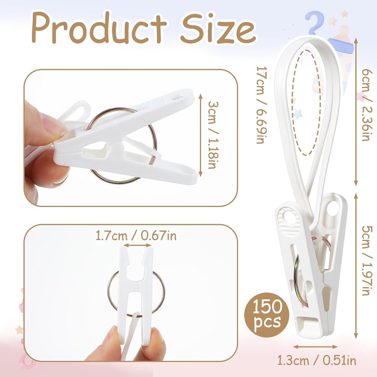 105 Pcs Multi-Purpose Laundry Hooks Hanging Clips Bulk with Plastic Rope Hanger Clips for Baby Clothes Closet Organizer for Pants Hat Sock Boot Bra Towel Bathroom Wardrobe Kitchen, White