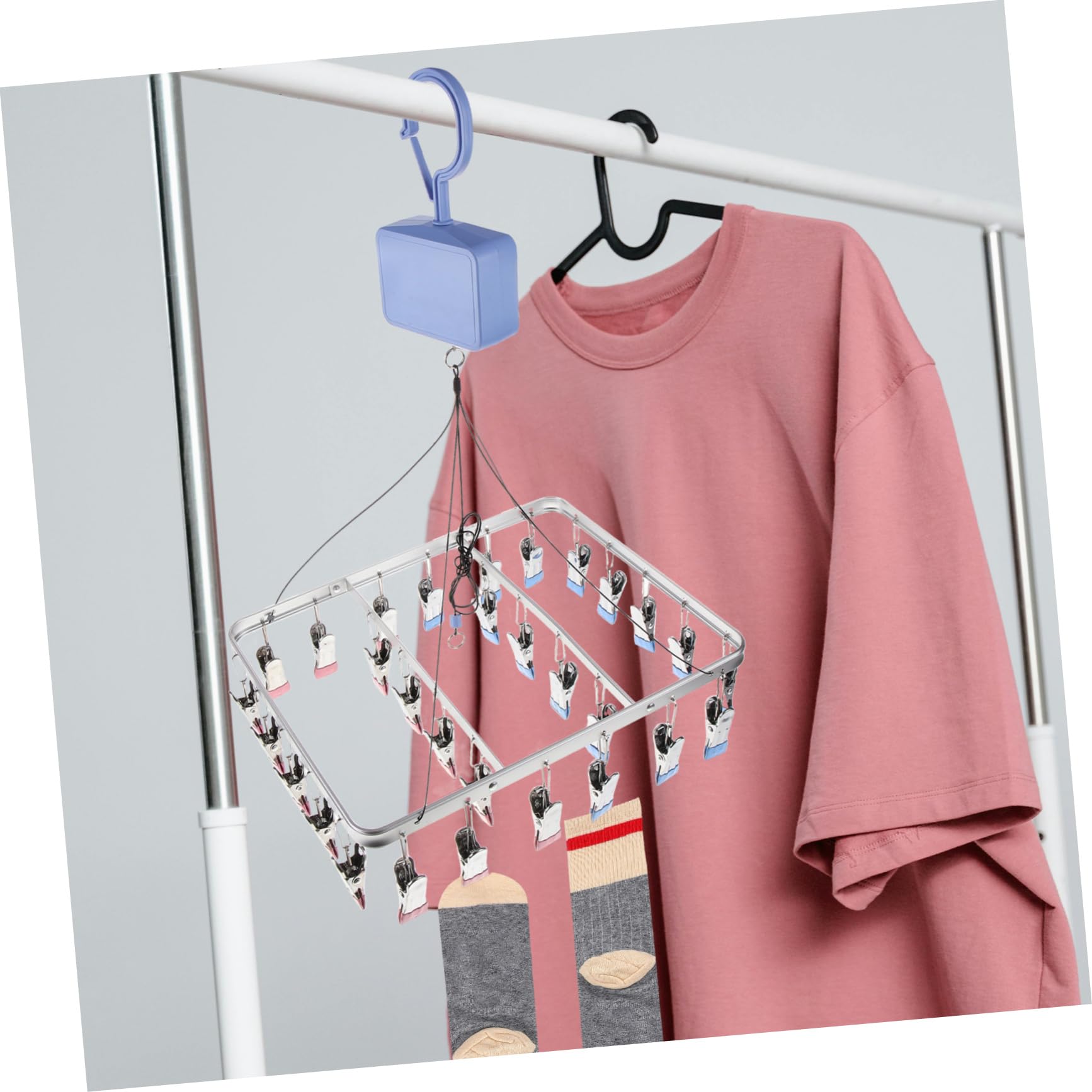 Hochklappbarer Sockenaufhänger mit 30 Clips, Aluminiumlegierung, Blau