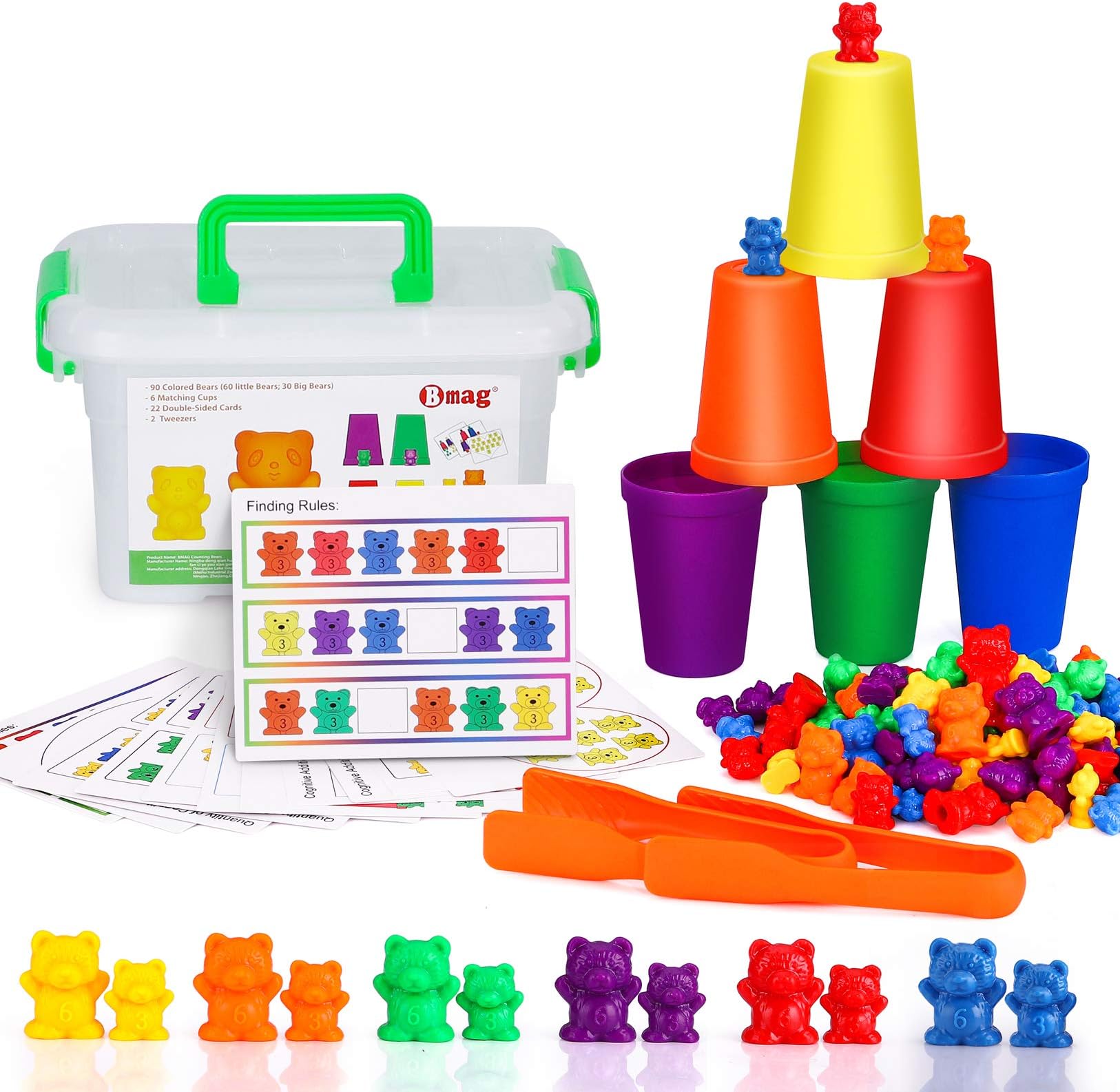 Counting Bears with Matching Sorting Cups,Number Color Recognition STEM Educational Toy for Toddler, Pre-School Learning Toy with 90 Bears,2 Tweezers,11 Activity Cards,1 Storage Box
