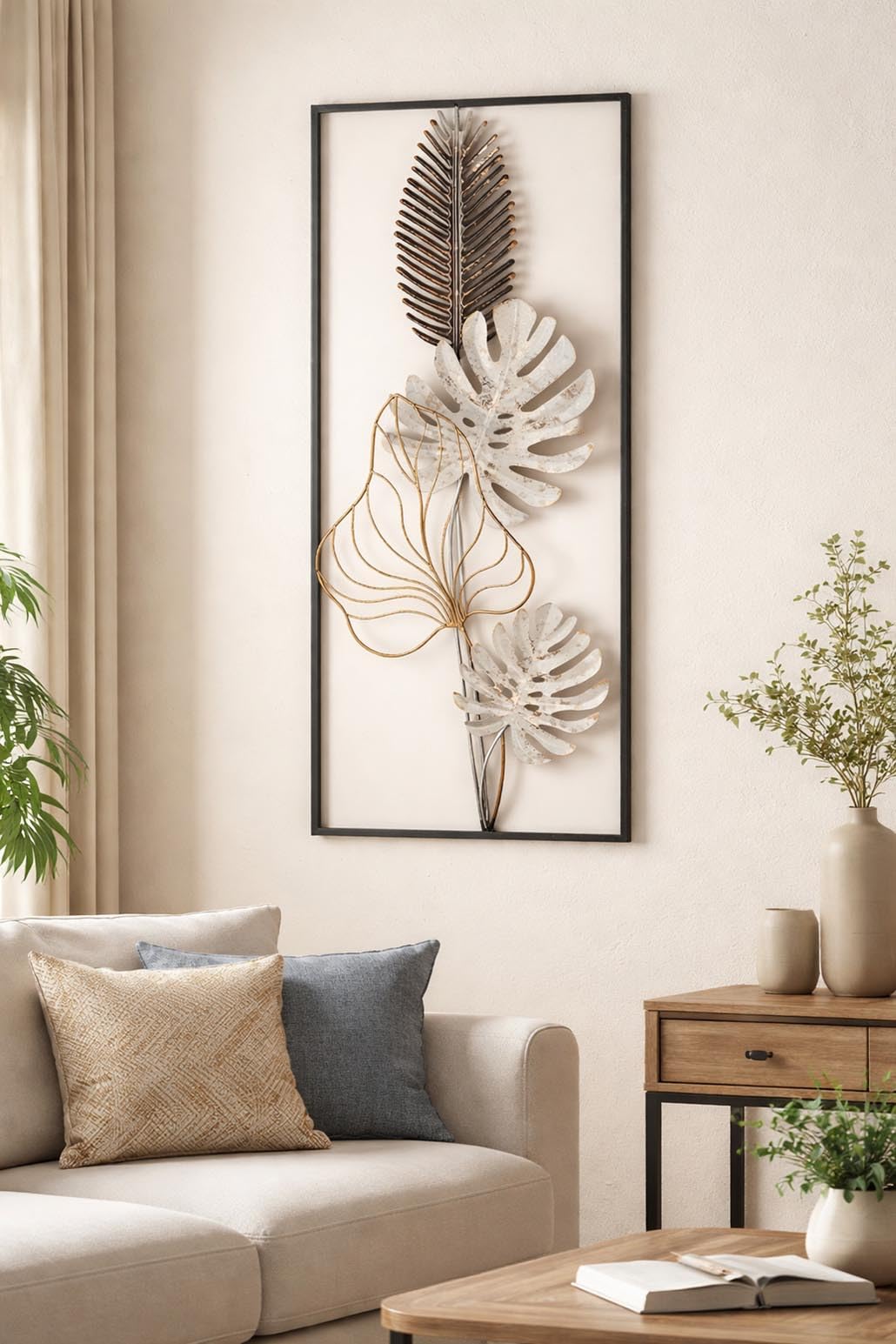 Kobolo Wandbild Monstera, 29x74x3 cm, Metall, schwarz-gold-weiß, modernes Metallbild, stilvolle Wanddeko für Wohnzimmer, Esszimmer Flur & Schlafzimmer