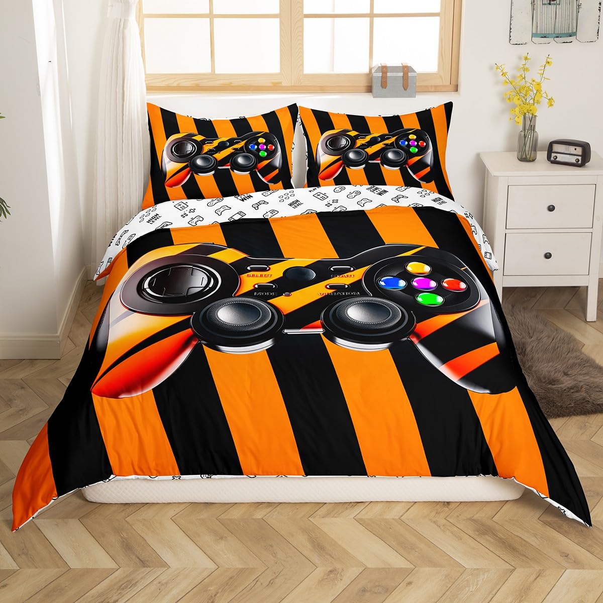 Juego de ropa de cama para niños y niñas, juego de ropa de cama para videojuegos, juego de palanca de mando para videojuegos, funda de edredón naranja con 2 fundas de almohada de 3 piezas, ropa de ca