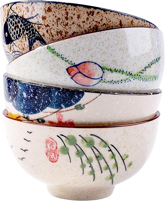 Japanese Retro Style Rice Bowl set of 4 Porcelain Small Bowl Set for Cereal Soup Dessert Snack