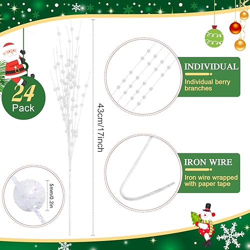 Miniatura 3 de Juinte 48 adornos para árbol de Navidad, 24 flores de pascua de Navidad (346 pulgadas), 24 varillas artificiales de purpurina con tallos de bayas
