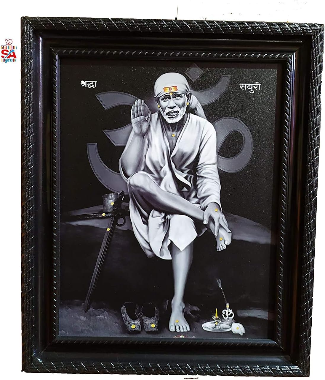 Sai Amrut Gifts Shirdi Baba Wall Hanging Matte Finish Wooden Photo Frame for Home Decor (Black and White_8 x 10 Inch)