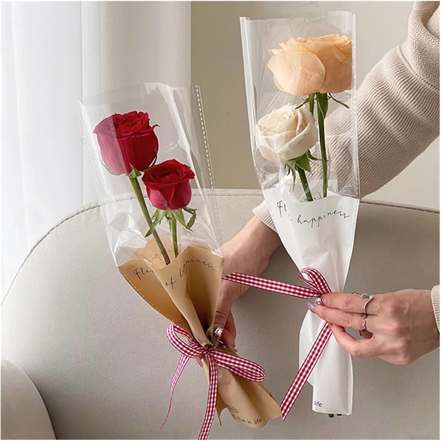 SFCHEN Clear Window Single Flower Bag, Rose Packaging Bag, DIY Craft Supplies, Flower Shop Materials, Floral Wrapping Paper, 20 Pcs(White Color)