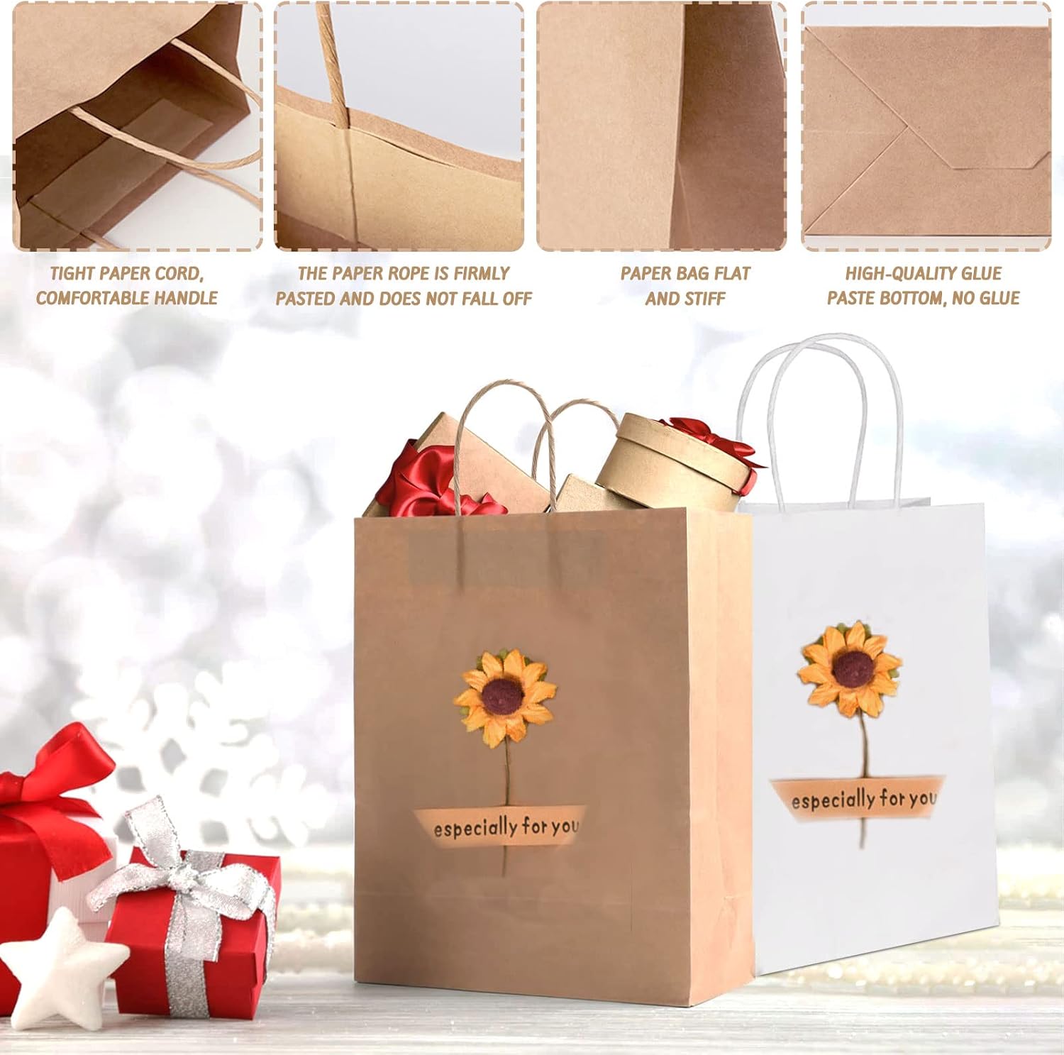 MULEVIP Pack of 42 Thick Brown Kraft Paper Bags with Handles for Christmas, Mother's Day, Weddings, Birthdays, Packaging – 21 x White, 21 x Brown (21 x 15 x 8 cm)