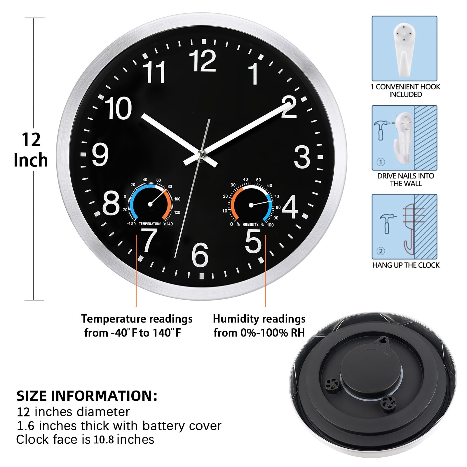 Caysie Horloge murale étanche à quartz avec thermomètre et hygromètre - 30,5 cm - Fonctionnement à piles - Pour terrasse, piscine, salle de bain - Noir