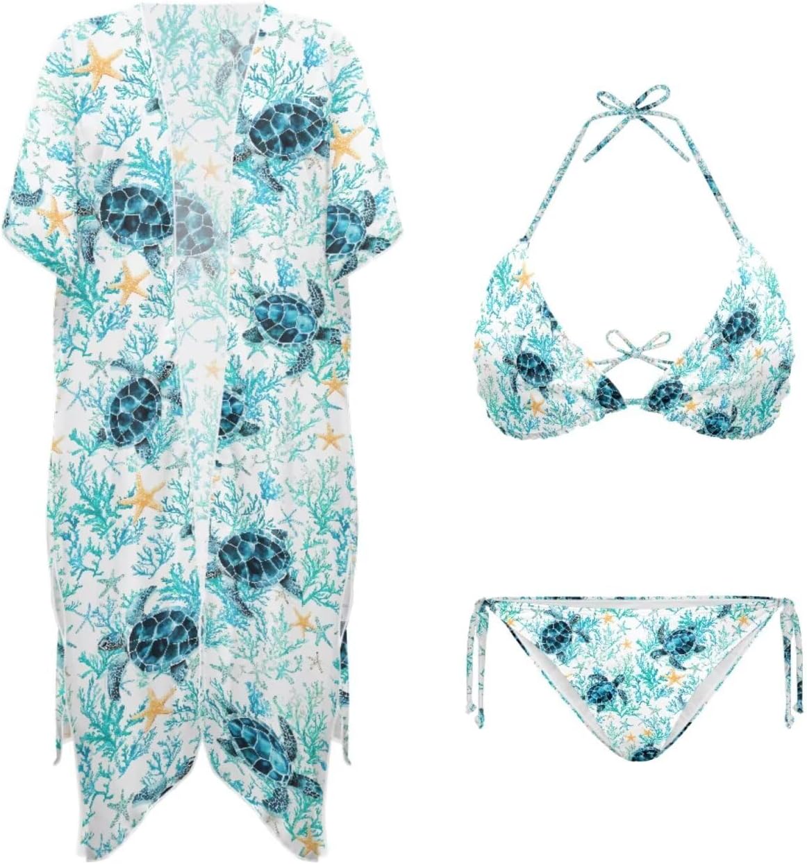 Xpyiqun Women Bikini Sets Swimsuits with Cover Up 3 Piece Halter Triangle Tie Side Bathing Suit Matching Kimono Cardigan