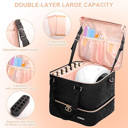 Miniatura 3 de Sambois Estuche organizador de esmalte de uñas con capacidad para 54 botellas de esmalte de uñas (0.5 onzas líquidas) y lámpara de uñas,