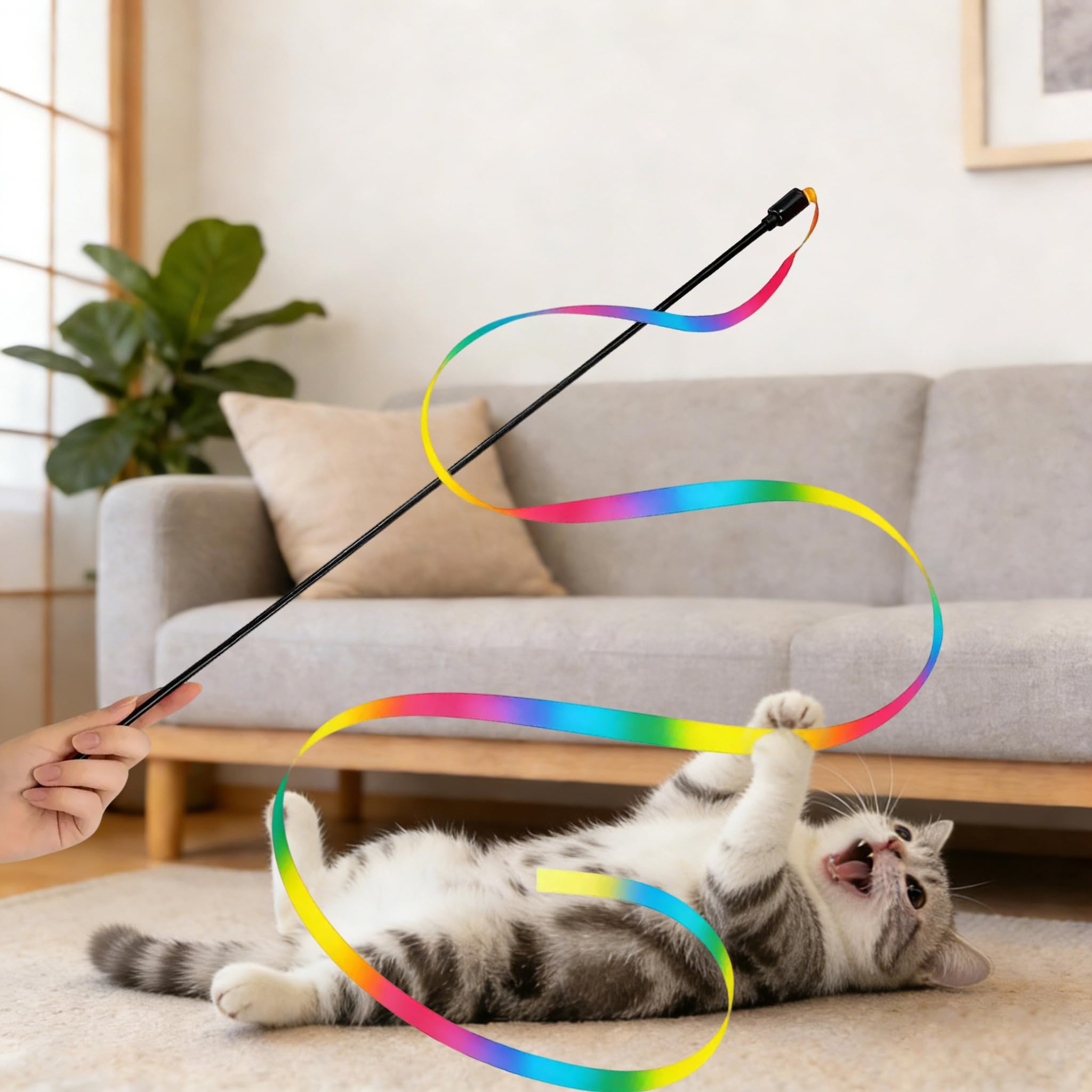 Amazon | 猫じゃらし 4 本セット カラフルリボン綿紐 鈴付き 室内猫