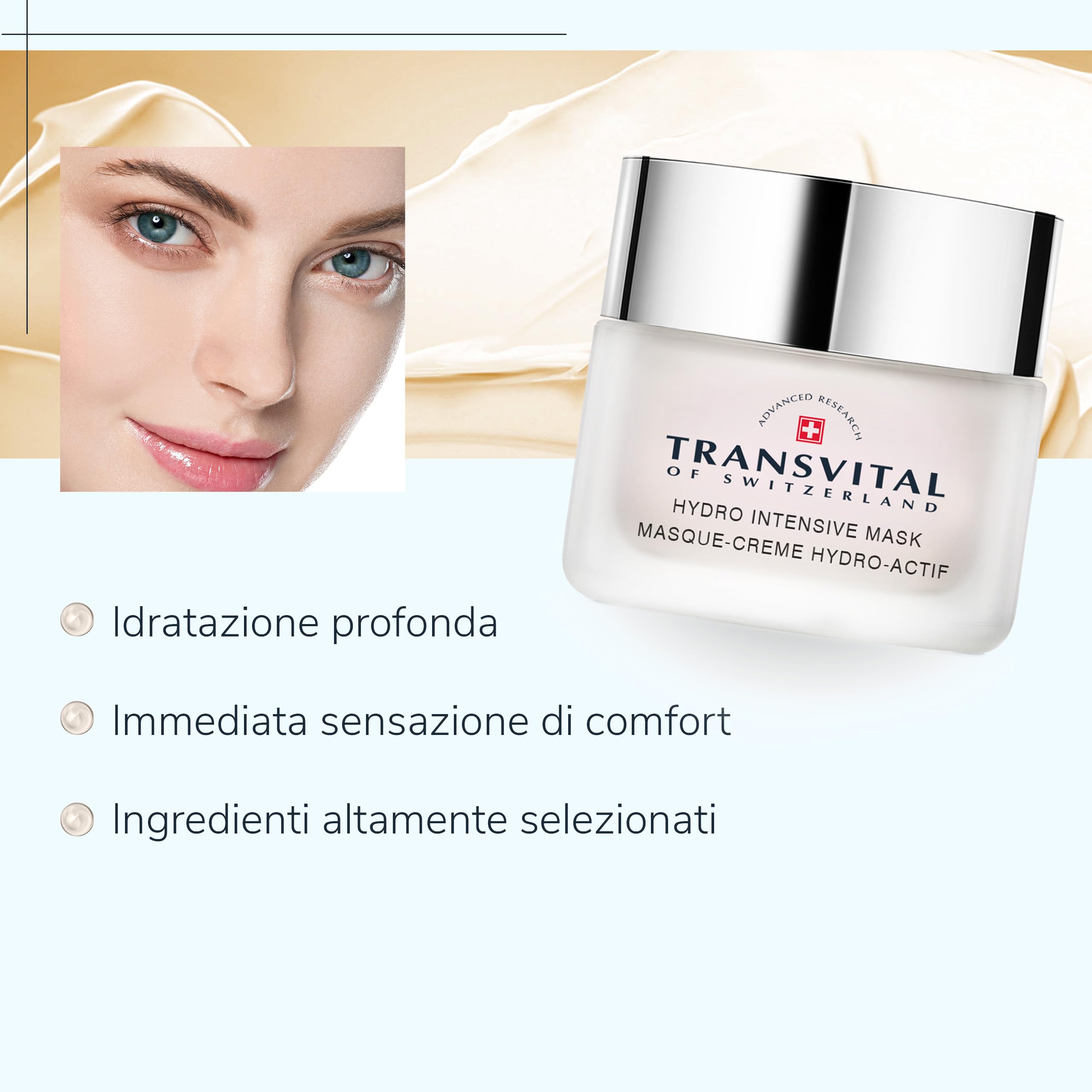 Transvital Hydro Intensive Mask 50 ml, Maschera viso idratante e riparatrice, Maschera viso con Aminoacidi e ingredienti altamente selezionati, Maschera idratante viso per tutti i tipi di pelle