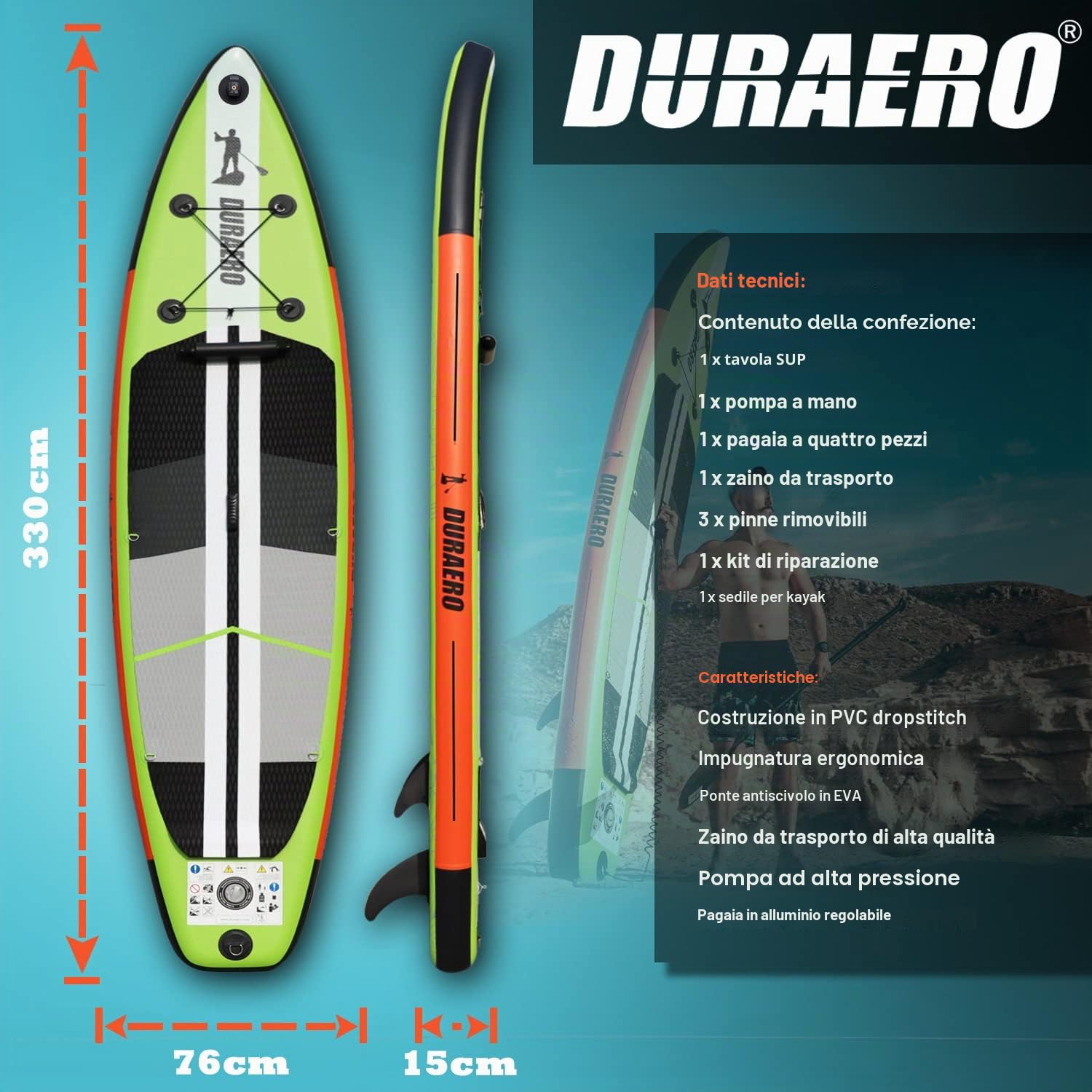 Tavola SUP Gonfiabile Premium 330x76x15 cm 150 kg con Sedile Kayak e Supporto Telecamera