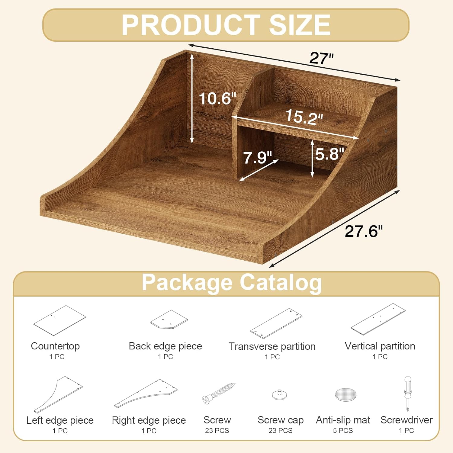 27'' Washer Dryer Countertop with Shelf, 2-Tier Laundry Countertop for Single Wood Washer and Dryer Topper for Laundry Room Organization, Brown image 2
