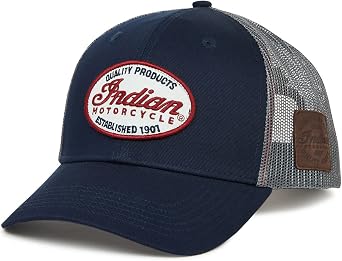 Indian Motorcycle Men's Script Patch Trucker Hat, Blue, One Size, Regular Fit, Snapback, Breathable Mesh, Embroidered Patch, Adjustable - 2861678,Blue