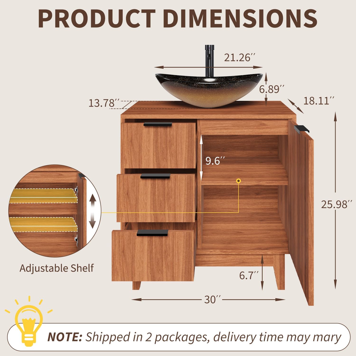 EROMMY 30" Bathroom Vanity with Sink, Bathroom Sink Cabinet with 1 Door, 3 Drawers & Boat Tempered Glass Vessel Sink, Rustic Freestanding Bathroom Vanity