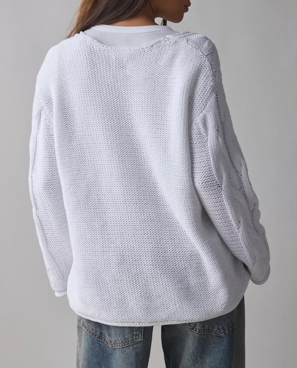 Melliflo Womens Oversized Cable Knit Sweater Fall V Neck Chunky Knit Sweater Casual Pullover Sweater Top - Image 3