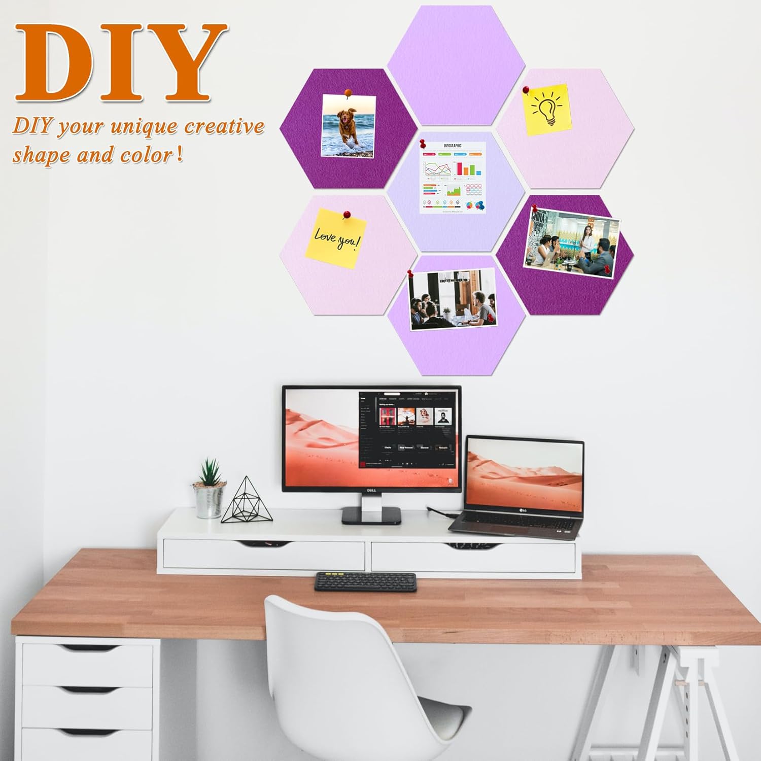 Large Hexagon Felt Cork Board Tiles, Self Adhesive DIY Felt Bulletin Board Pin Board with 35 Pushpins for Office School Home Wall Decor Stickers Memos Photos Display(Purple+Pink)