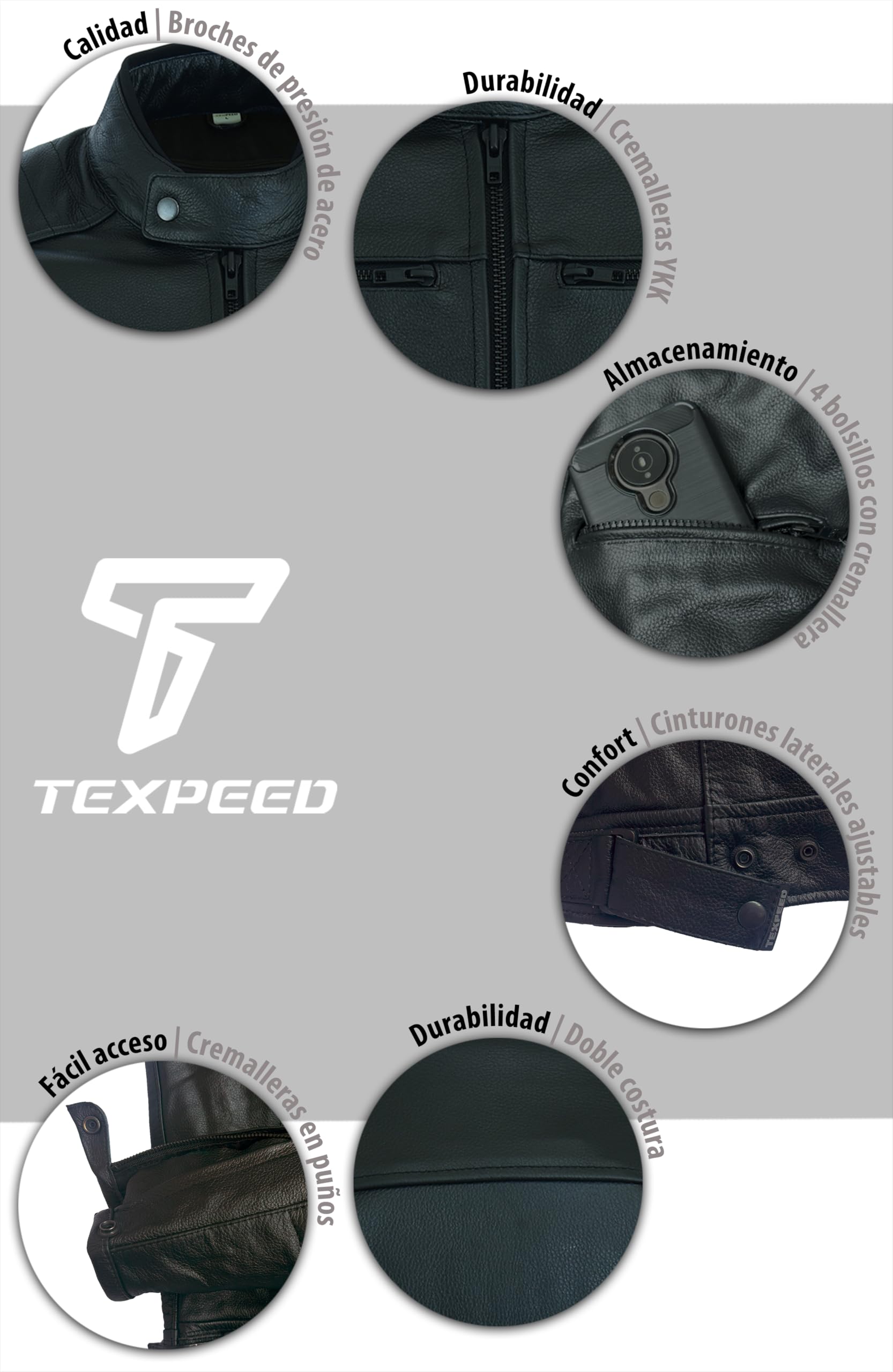 Texpeed Chaqueta de moto de cuero hombre - Chaqueta de moto de turismo con auténtica protección CE (EN 1621-1) y diseño Café Racer - Negra con franja blanca - XL