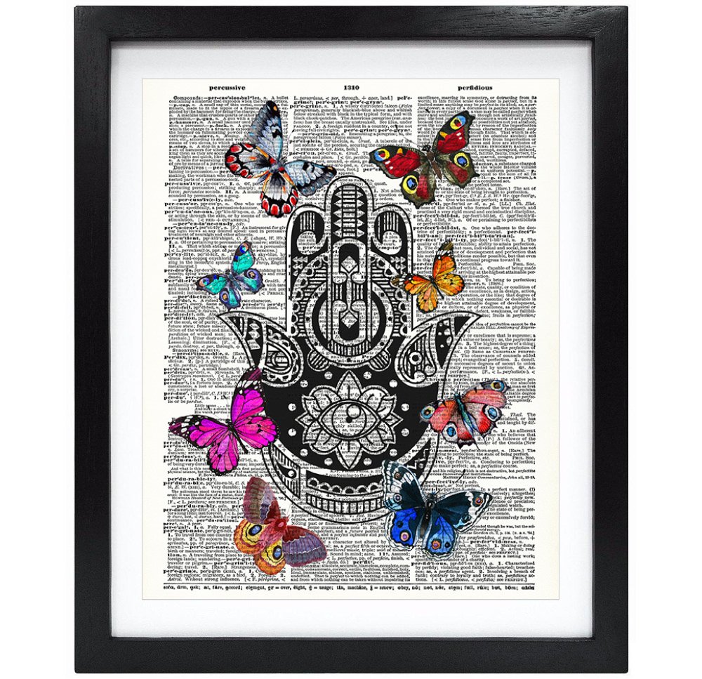 Susie Arts 8X10 Unframed Hamsa Hand Buddha Palm with Butterflies Upcycled Vintage Dictionary Art Print Book Art Print Home Decor Wall Art V030