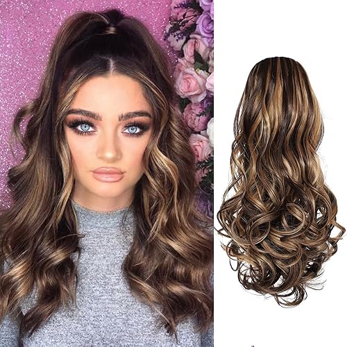 BETHANY Extensión de cola de caballo, extensiones de cabello sintético corto ondulado con cordón de 15 pulgadas para mujer (mezcla marrón y marrón