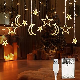 Riakrum 11.48 ft 21 LED Star and Moon String Lights Plug in Christmas Wa...