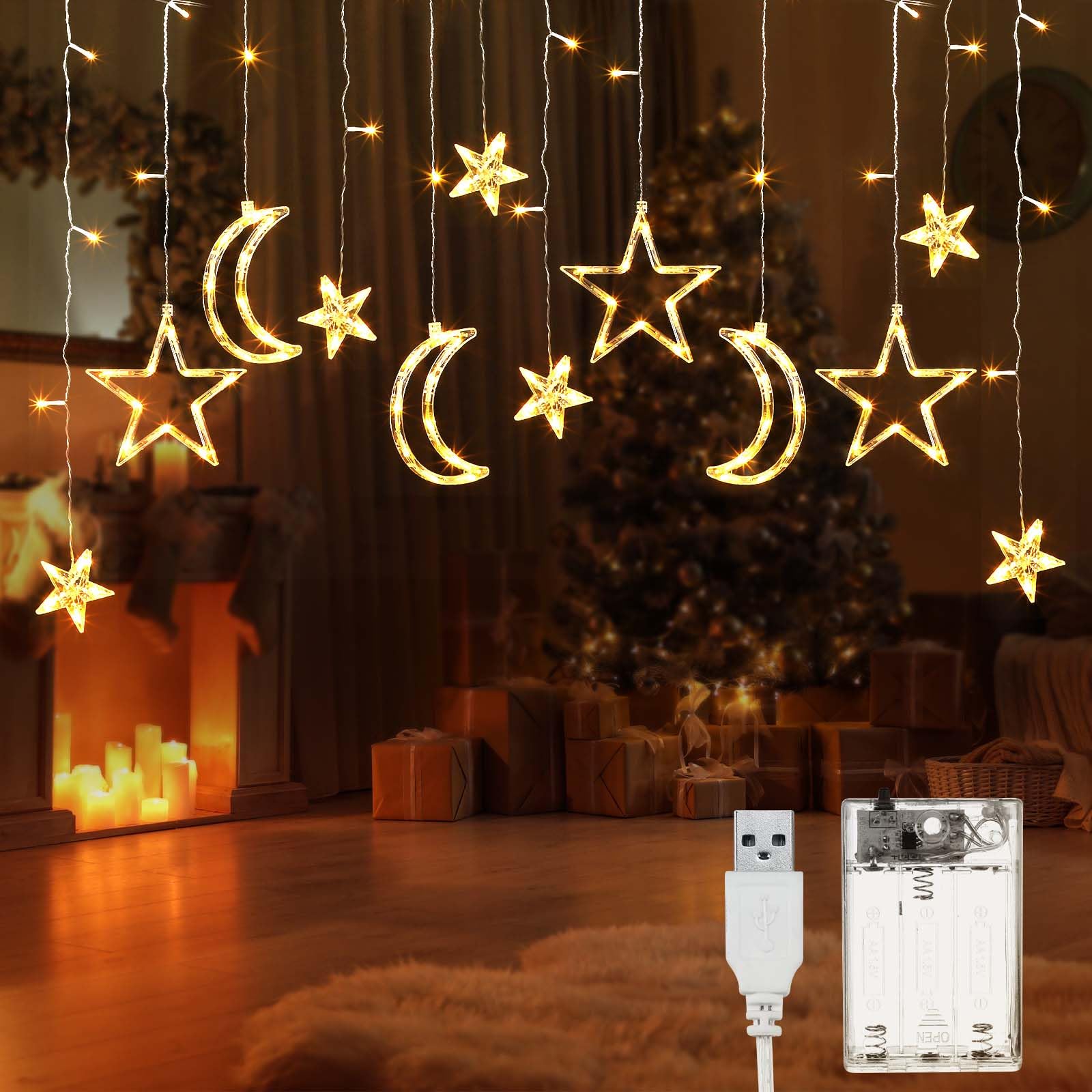 Riakrum 11.48 ft 21 LED Star and Moon String Lights Plug in Christmas Warm White Fairy Light Waterproof Decor for Bedroom USB Powered LED Curtain Light with USB Battery Box Cable Clip Wedding Party