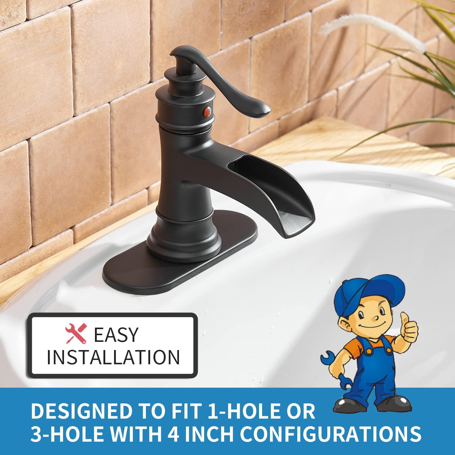 BWE Waterfall Bathroom Faucet Matte Black Bathroom Sink Faucet with Pop Up Drain Single Handle Deck Plate for 1 or 3 Hole Vanity Farmhouse Mixer Tap Fits All States, California 1.2 GPM Standard