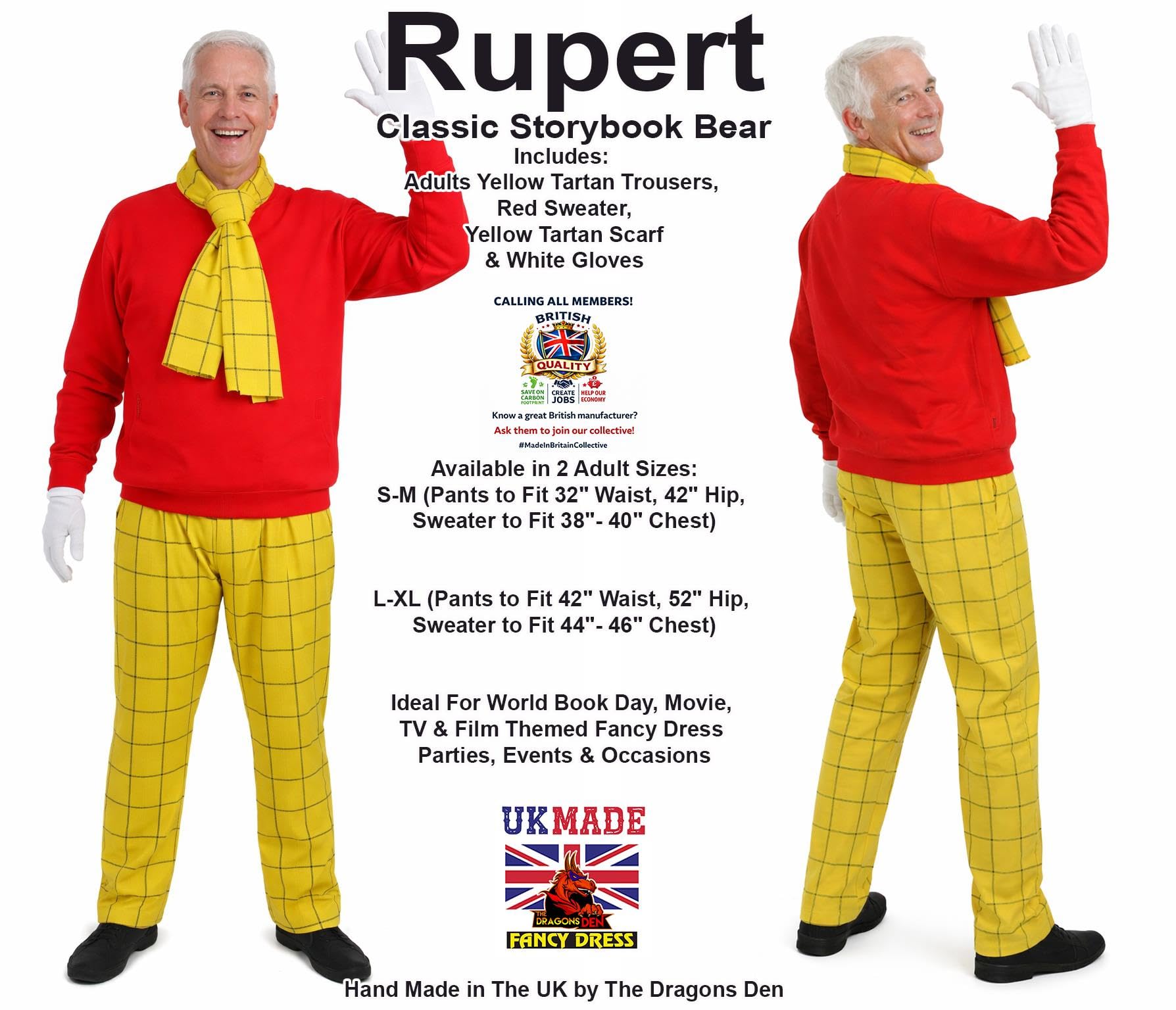The Dragons Den Disfraz de Rupert para adultos, diseño de cómics inglés antiguo, para el Día Mundial del Libro, 2 tamaños