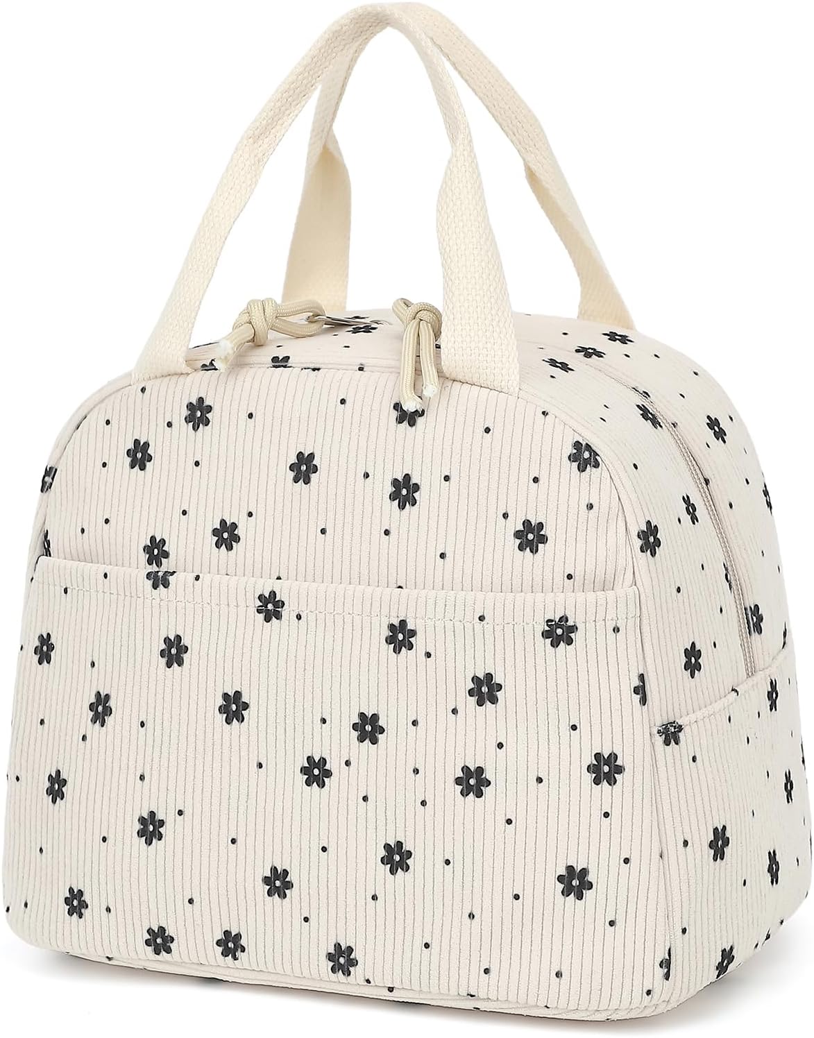 Corduroy Lunch Bag for Women Girls Lunch Tote Bags Reusable Insulated Lunch Box for Work Picnic School Travel (Beige Corduroy - Floral Purple)
