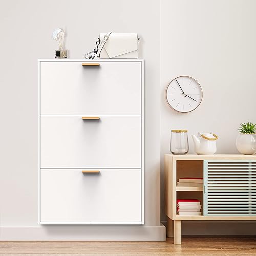 Miniatura 3 de Zapatero de acero de 3 cajones organizador de almacenamiento independiente y montado en la pared con puerta abatible moderno armario de zapatos para