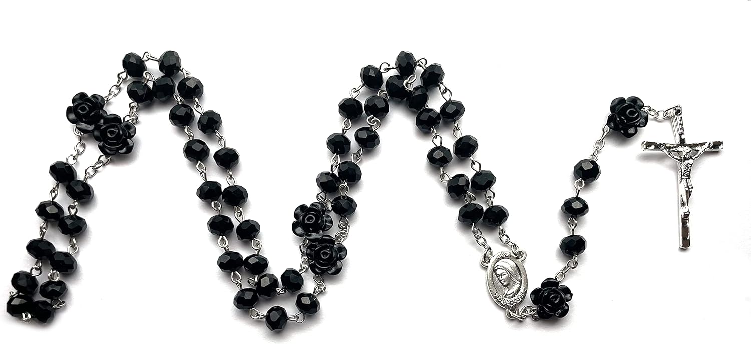 Rosary Pearl Beads Necklace for Women,First Communion Catholic Rosary Prayer Gifts for Men Women Our Rose Lourdes Medal and Cross Rosary Crucifix Necklace - Image 4