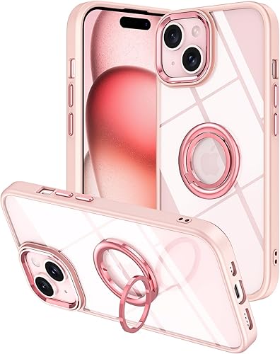 Lontect Funda para iPhone 15 con soporte de anillo, a prueba de golpes, ajuste delgado, resistente a los arañazos, transparente, carcasa protectora