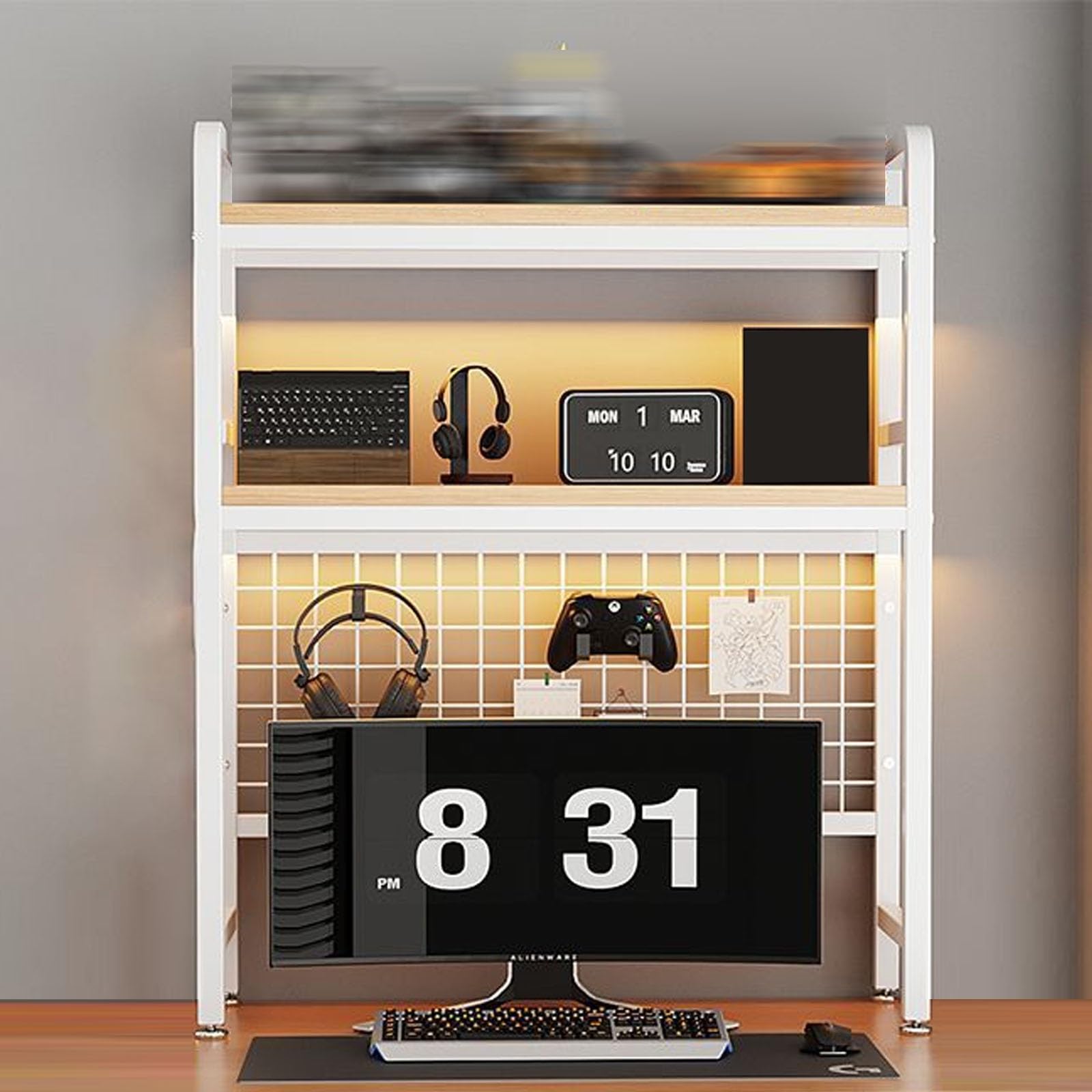CWCQGH 2-Tier Desktop Bookshelf with Grid Panel - Multipurpose Desk for Dorm Room, Home Office, Countertop Organization & Display Shelf for Supplies,White-75cm/29.5in