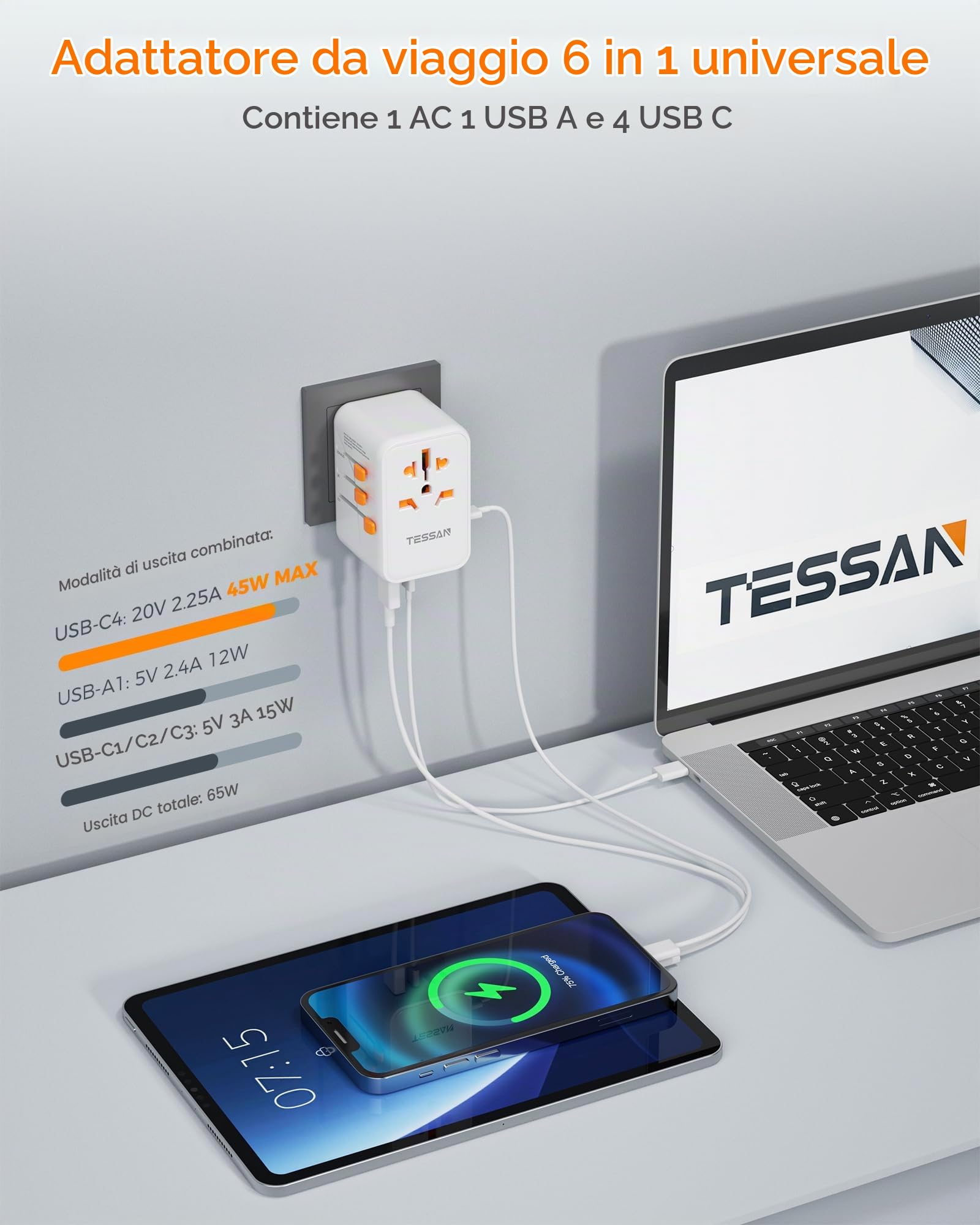 TESSAN Adattatore Universale da Viaggio, GaN Ricarica Rapida da 65W, Presa Universale da Viaggio con 4 USB C e 1 USB A, Adattatore Prese Spina per UK, USA, Australia, Tailandia, Giappone