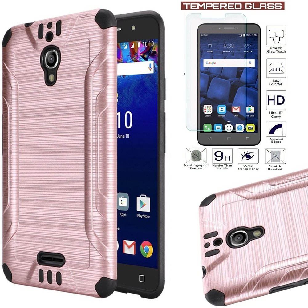 Alcatel PIXI Theatre [krykiet] smukłe etui pancerne wytrzymałe szczotkowane metalowe wykończenie TPU wstrząsoodporna podwójna warstwa ochrona + osłona ekranu LCD ze szkła hartowanego (różowe złoto)