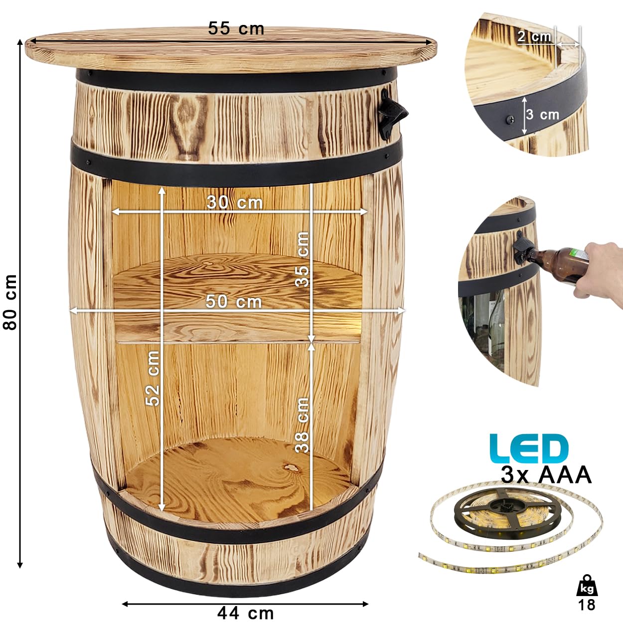 Weeco Barile in Legno con Piano da Tavolo e Luci a LED - Tavolo da Vino e Alcool per Soggiorno, Uomo e Donna - 80 x 50 cm