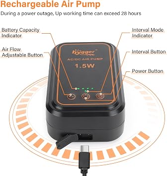 hygger Aquarium Air Pump, Rechargeable Portable Oxygen Pump with Single/Dual Outlets, Ultra Quiet Battery Powered Air Bubbler for Fish Tank up to 200 Gallo