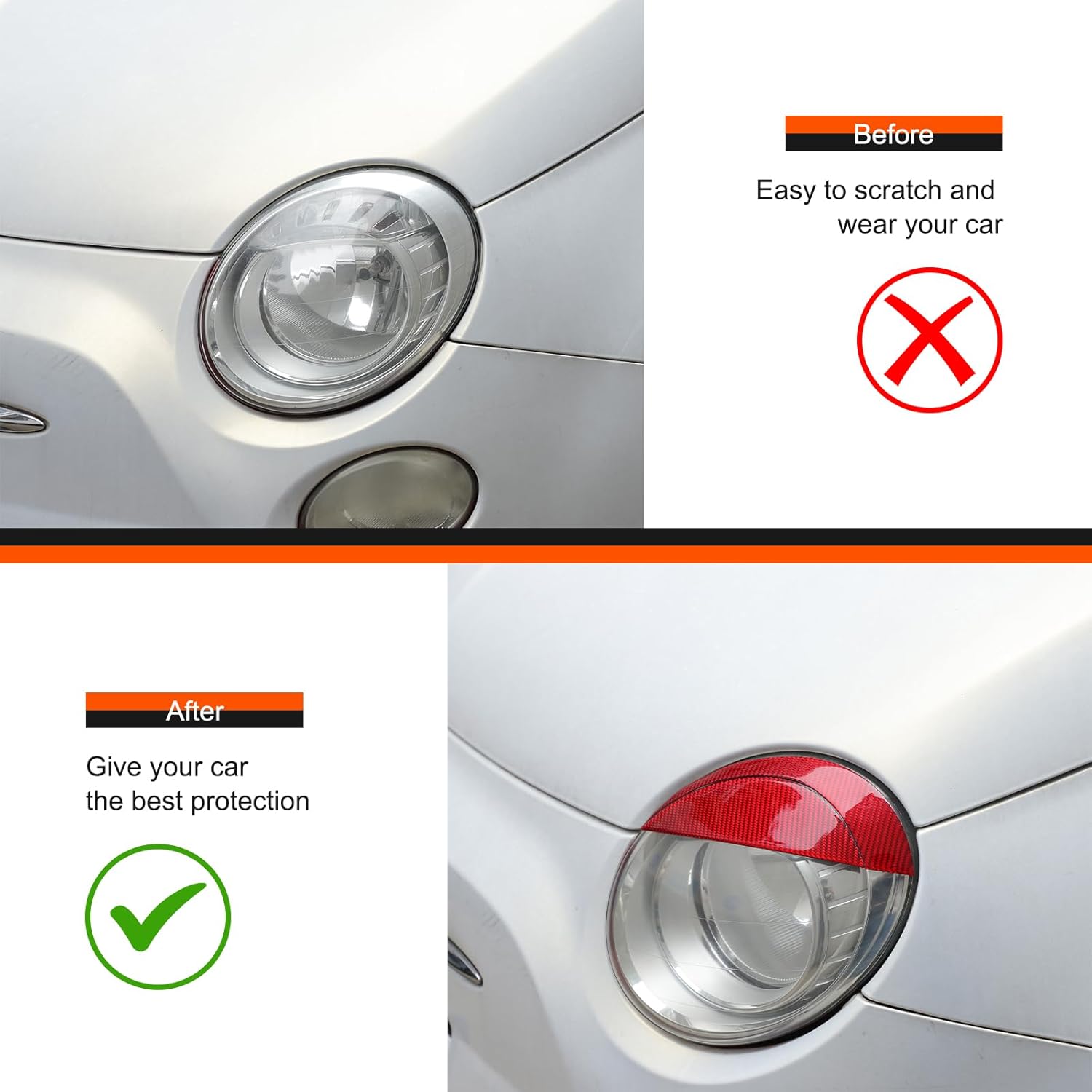 Car Headlight Cover Sticker Compatible with Fiat 500 2007-2015，Car Headlight Eyebrow Sticker Protective Cover Exterior Decoration Accessories (red Carbon Fiber)