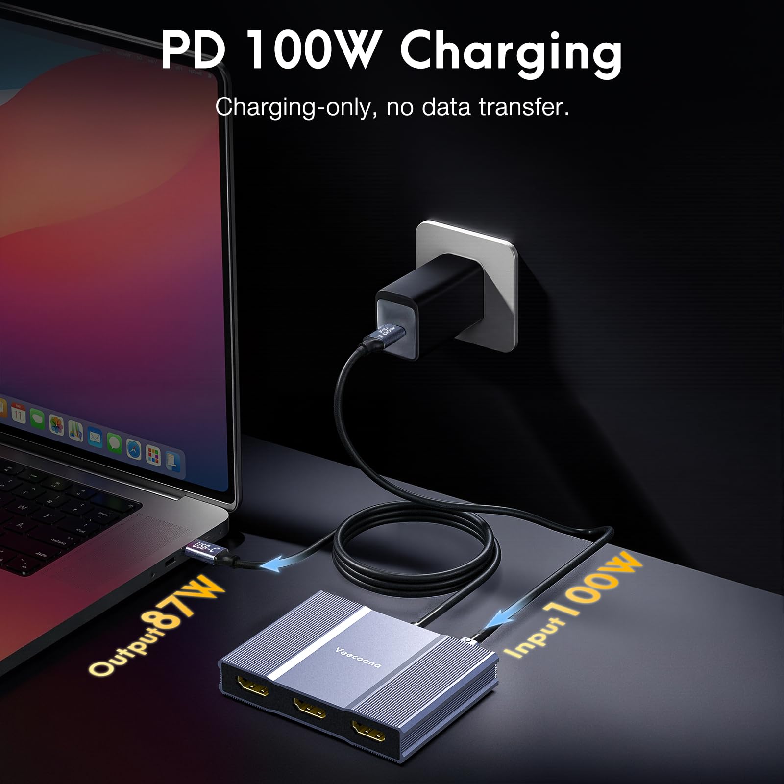 Adaptateur USB C vers 3 HDMI avec PD 100 W, répartiteur HDMI 4K @ 60 Hz, écran étendu 1 entrée 3 sorties pour plusieurs écrans, compatible avec ordinateur portable, PC, carte graphique USB-C