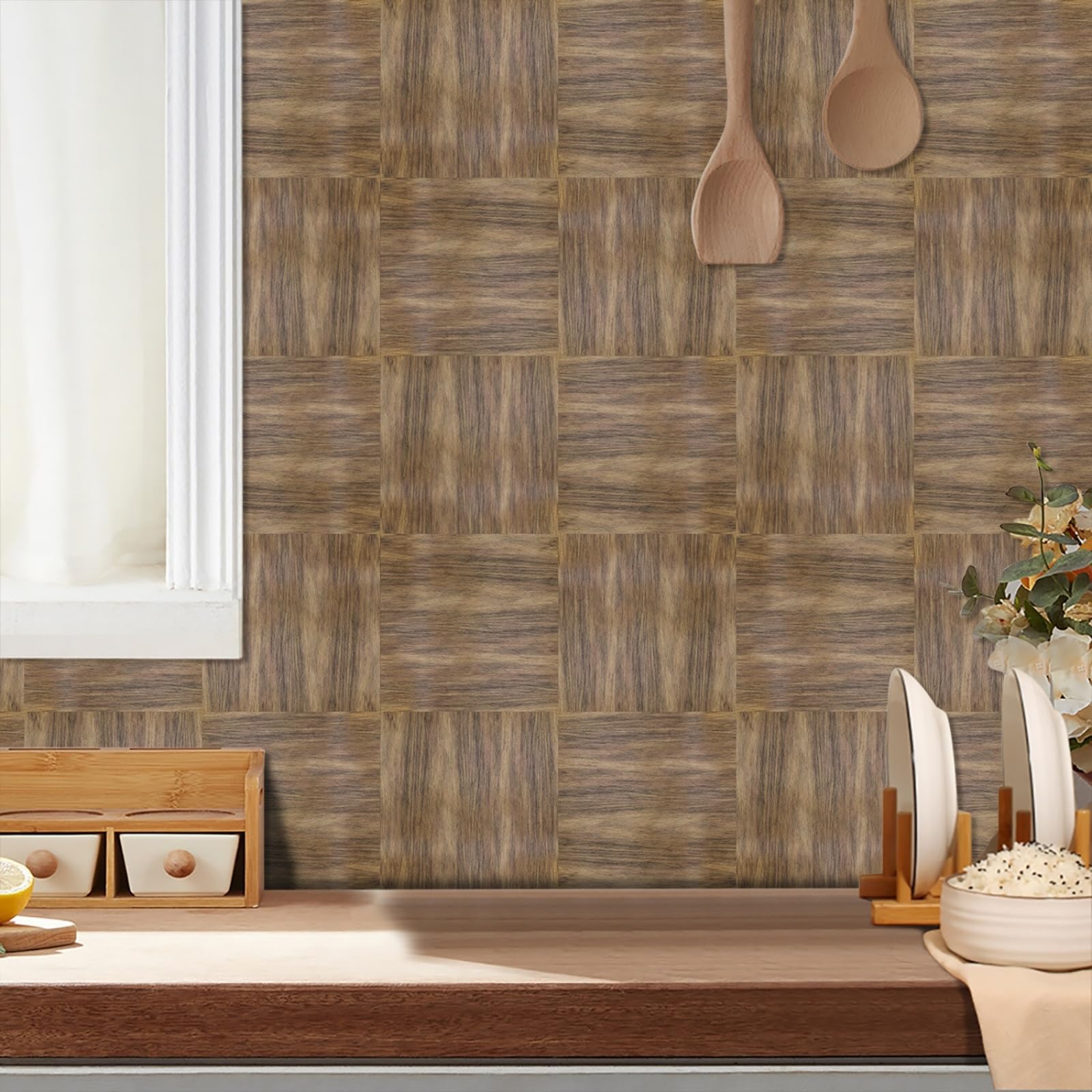 Stick on Tiles Brown Imitation Wood Tile Stickers for Bathroom Kitchen Backsplash Waterproof Tile Covers for Fireplace Surround Cabinet Furniture Stick on Kitchen Tiles 10x10 cm/10 pcs