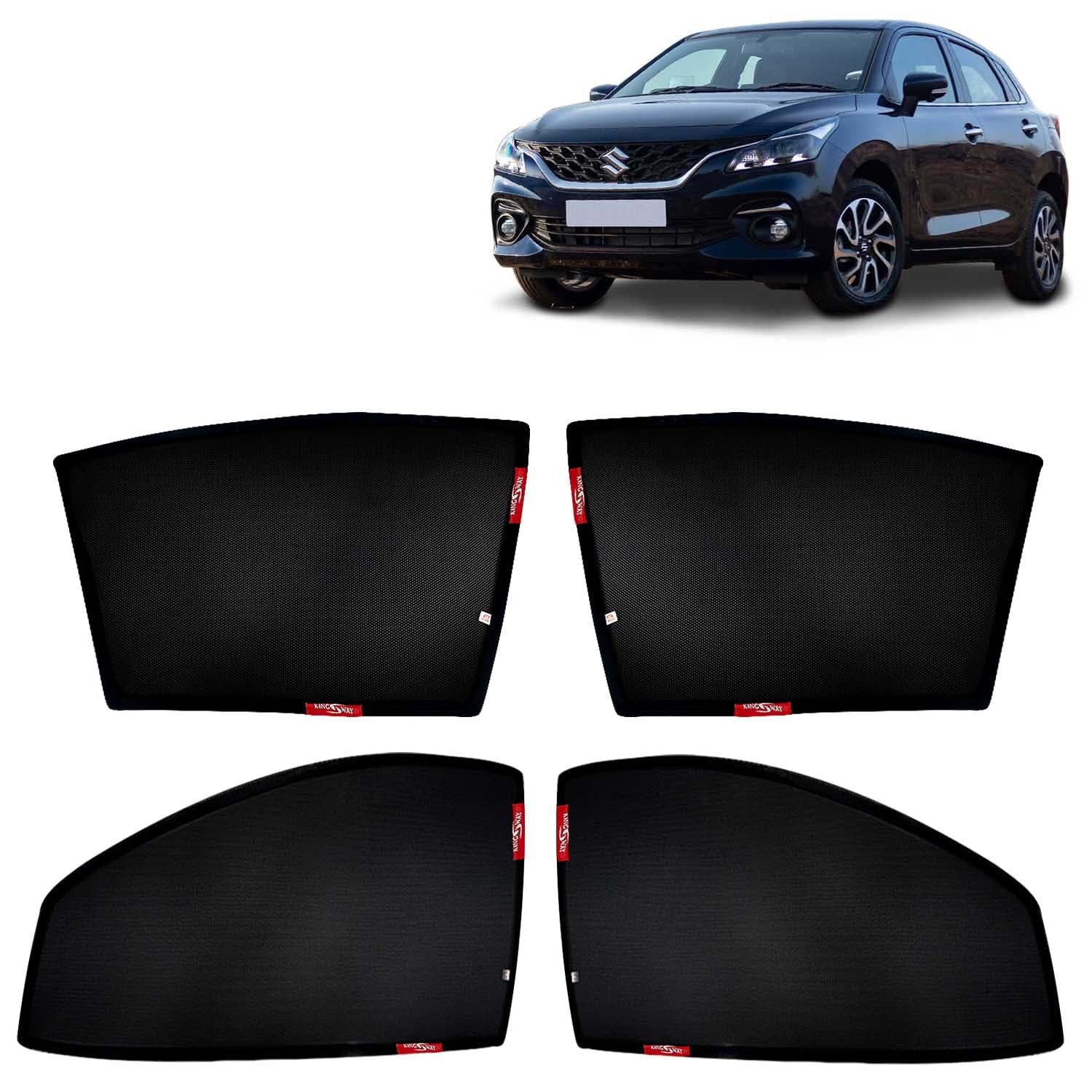 KINGSWAY Accessories Car Sun Shade Z-Black Non Magnetic Fix Type Curtains Only Compatible with Maruti Suzuki Baleno Year 2022 Onwards All Model, Only Half Cut in Front Window, Car Curtains, Pack of 4