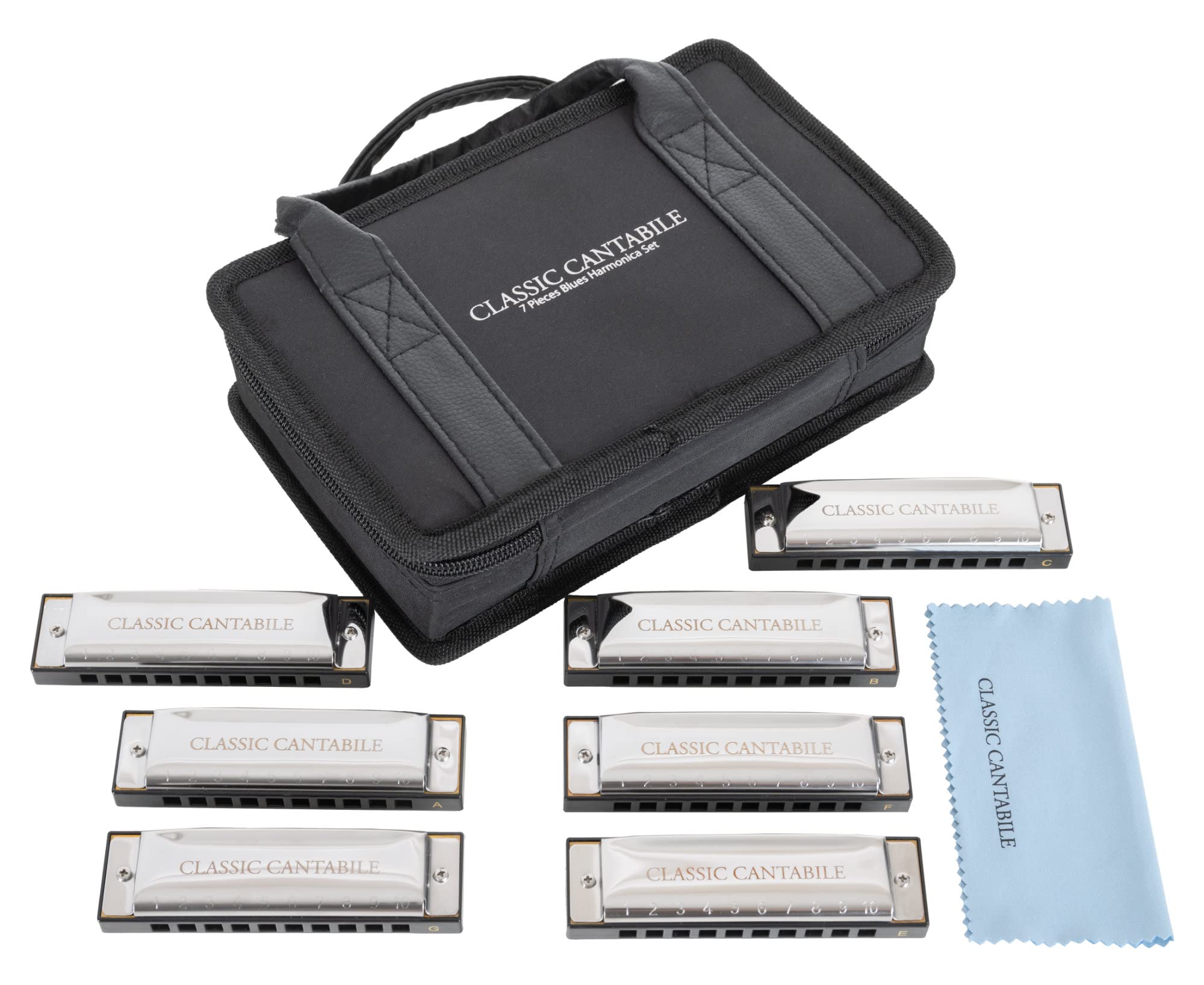 Classic Cantabile AHBS-7 Alabama Blues Harmonica Set de 7, Afinaciones: C | 7 armónicas diatónicas, B (H), Placas especiales para el típico sonido de armónica blues, Material de la caja: acero cromado