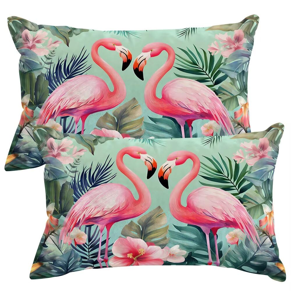 Set of 2 Velvet Cushion Covers 50x70 cm Plants Cushions Covers Decorative Throw Pillow Case Summer Flamingo Sofa Pillows 20x28 Inch Cushion Cover with Invisible Zipper for Livingroom Bedroom -SC347