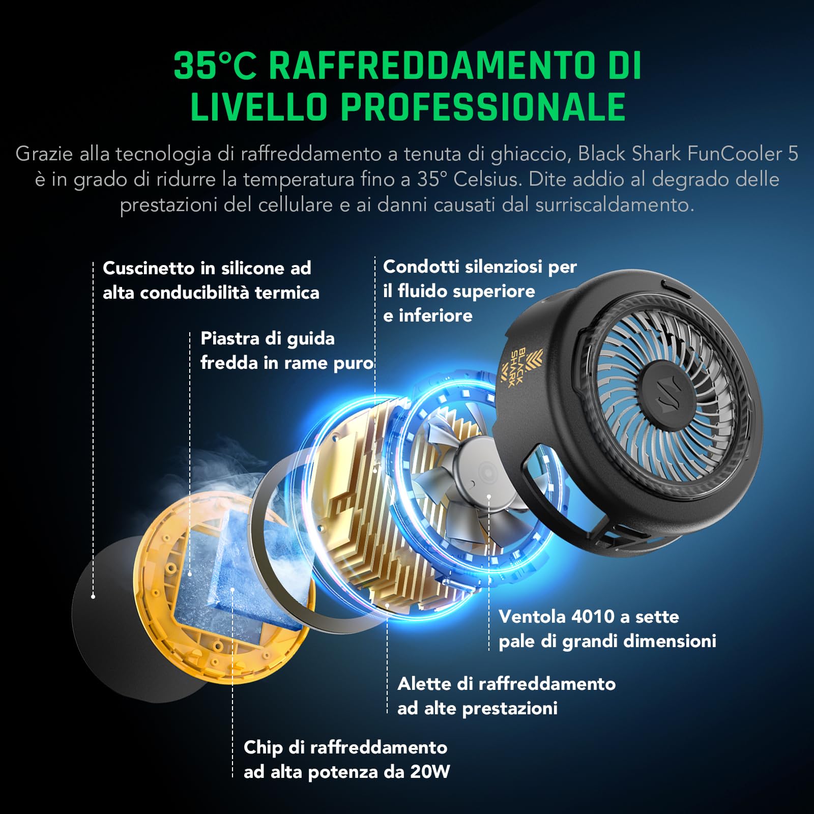 Black Shark FunCooler 5 Raffreddatore Magnetico per Cellulari, Ventola Raffreddamento Telefono Portatile con Luce RGB, Radiatore Phone Cooler per iPhone Serie Magnetica/Android/Tablet/iPad (Nero)